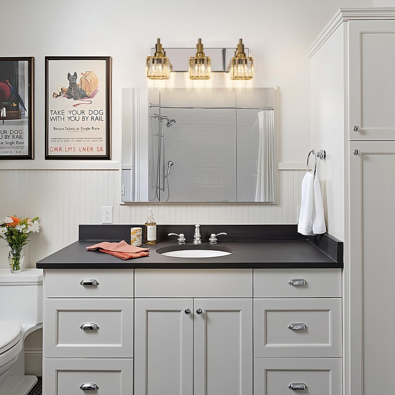 HUOKU Crystal Bathroom Vanity Light Gold Chrome 3-Light Modern Bathroom