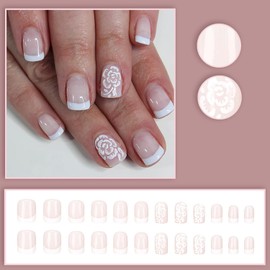RIICFDD 24 Pcs Flower Press on Nails Short Square Fake Nails White French Tip Nails Glue on Nails Artificial Glossy Acrylic Nails Stick on Nails Full Cover Reusable False Nails for Women Girls