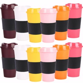 Yisituo Plastic Coffee Cups with Lids, 12 Pack 480ml Reusable Tumblers for Adults, for Hot & Cold Drinks, Microwaveable Travel Mugs (12, Rainbow)