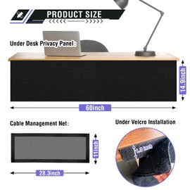 14.9 x 60 Inch Under Desk Privacy Panel with Cable Management Net Desk Skirt Modesty Desk Panel Self-Gripping Straps for Office and Home