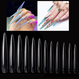 Mwoot Pack of 120 Extra Long False Nail Tips, Sharp Ends Stiletto Artificial Fake Fingernails Nail Tips for DIY Nail Salons, 12 Sizes (Clear)
