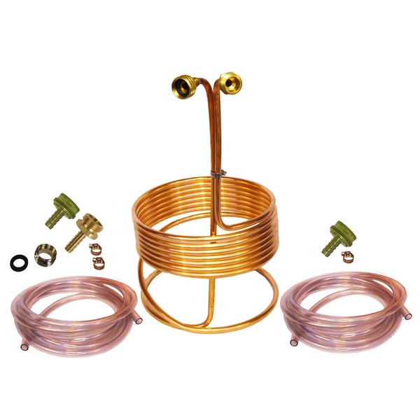 HomeBrewStuff 25' Copper Immersion Wort Chiller - Deluxe Package with 2X 12' Hoses, Fittings, and Faucet Adapter