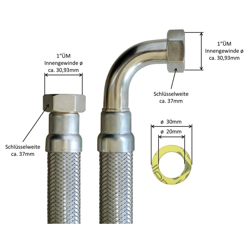 Flexible hose 1 inch nut x 1 inch nut with
