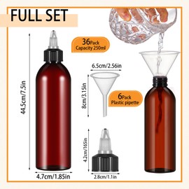 Barydat 36 Pcs 8 oz Squeeze Bottle Twist Top Applicator Bottles Empty Hair Oil Bottle with 6 Funnels Refillable Amber Plastic Bottles for Liquid Hair Oil Shampoo Lotion