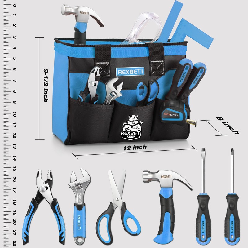 REXBETI 10-Piece Kids Tool Set with Real Hand Tools, Blue