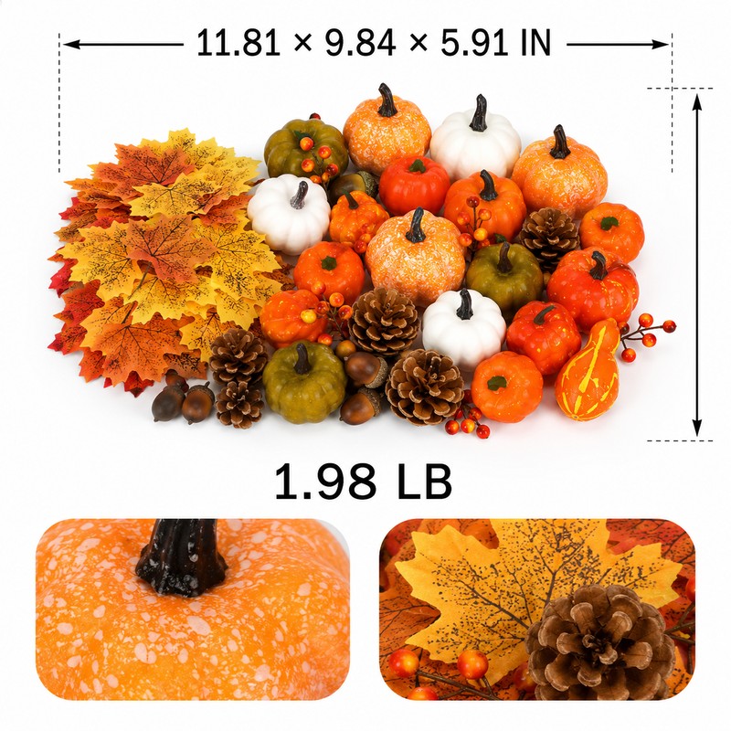 50Pcs Thanksgiving Artificial Pumpkins Set with Leaves Acorns and Pine
