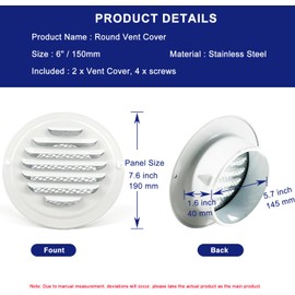 6 Inch White Soffit Vent, LouanXpert Stainless Steel Round Exterior Wall Vent Cover Round Air Vent with Built-in Fine Mesh for House, Flat, Garage