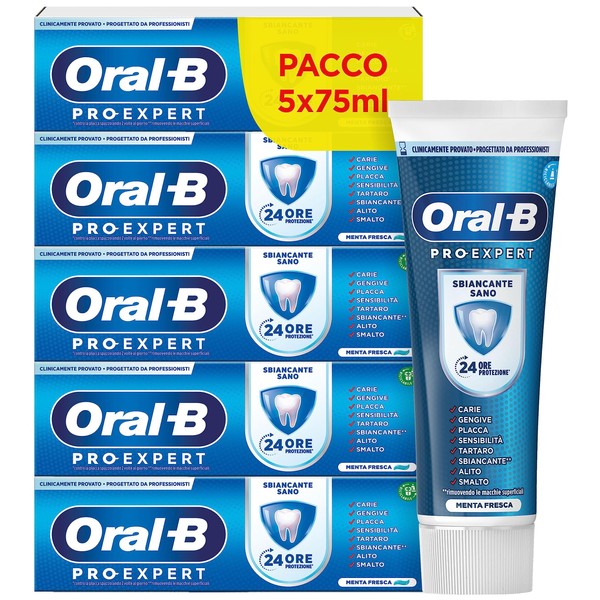 Oral-B Pro-Expert Healthy Whitening Toothpaste, Fresh Mint Flavour, 24 Hour Protection Against Plaque, Maxi Pack, Pack of 5 Toothpastes (5 x 75 ml)