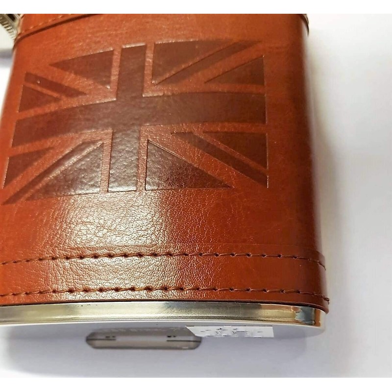 Stainless Steel Hip Flask with Union Jack Brown Leather Cover,
