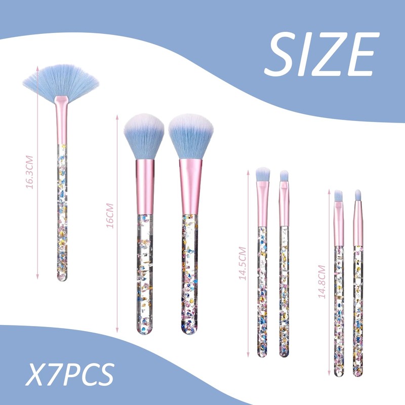 7 piece clear makeup brush set, crystal sequin handle, glitter