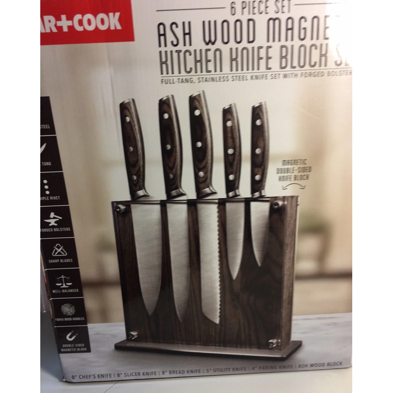 Art+Cook, 6-Piece Ash Wood Magnetic Stainless Steel Kitchen Knife Block