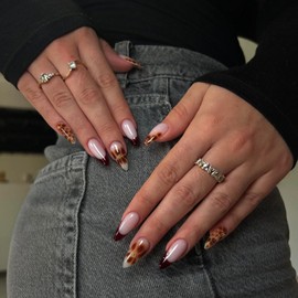 Fall Fake Nails Medium Almond Press on Nails Brown French Tip False Nails with Smudged Small Pearls Designs Acrylic Nails Autumn Glue on Nails Glossy Medium Artificial Nails Stick on Nails for Women