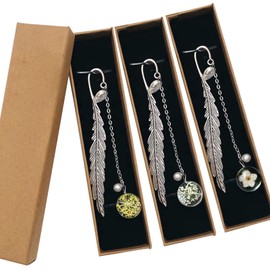 3Pcs Metal Feather Bookmark, Glass Beads Eternal Dry Flower Pendant for Birthday Book-Lover Women Ladies Wife Girls Teacher (Pink+White+Yellow)