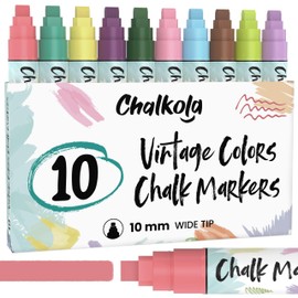 Chalkola 10mm Car Window Pens - 10 Vintage Colored Chalk Markers - 10mm Wide Tip - Washable Liquid Chalk Pens for Blackboard, Chalkboard, Windows, Glass, Bistro - Wet Erasable Car Paint Markers