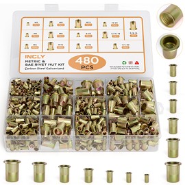 INCLY 480PCS SAE & Metric Rivet Nuts Assortment Kit, Rivet Nut Kit, M3 M4 M5 M6 M8 M10 M12,6-32,8-32,10-24,1/4-20,5/16-18,3/8-16 Flat Head Rivnuts, Galvanized Carbon Steel Threaded Inserts Nutserts