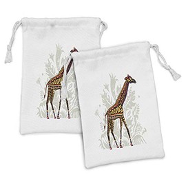 Ambesonne Batik Fabric Pouch Set of 2, Savannah Animal Giraffe with Ornament Patterns on Body Creature Print, Small Drawstring Bag for Toiletries Masks and Favors, 9" x 6", Multicolor