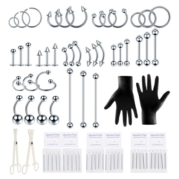 Aumeo 80PCS Stainless Steel Piercing Jewelry Kit Piercing Needles Clamps Nose Ring Lip Tongue Tragus Cartilage Helix Daith Eyebrow Belly Ring Body Tools 14G 16G 20G