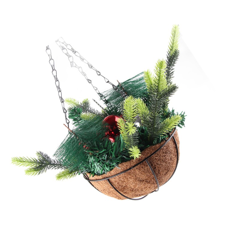 Artificial Christmas Hanging Basket Decorated with Pine Cones Ball Lights