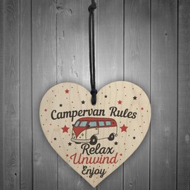RED OCEAN Hanging Funny Campervan Rules Sign Novelty Wooden Heart Plaque Welcome Sign Retirement Friend Gift