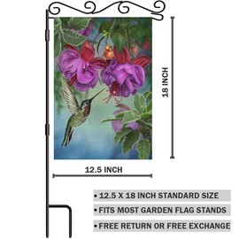 AOYEGO Hummingbirds Burlap Garden Flag Double Sided Premium Fabric Branch Fuchsia Blossom Bush Outdoor Decoration Banner for Yard Lawn 12.5" x 18"