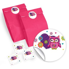 JuNa Party-Experten Party Bag Set of 12 Gift Bags / Pink, 12 Stickers and 12 Bookmarks Owl / Guest Gift for Birthday Children's Birthday Wedding Christening for Children Girls