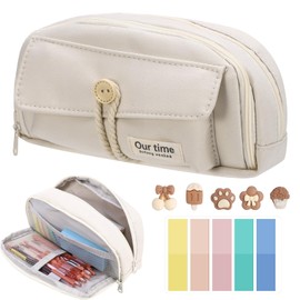 Candcamp Cute Pencil Case, Pencil Case for Girls with 5 Decorative Patches and 1 Pack of Sticky Notes in Five Colors for School Kids Teenagers College Students