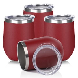 DOMICARE Vaso de vino de acero inoxidable a granel con tapa, juego de vasos aislados personalizados, tazas de café de viaje de 12 onzas, paquete de 4, rojo