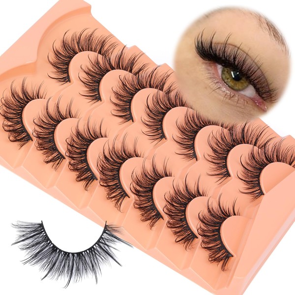 Wispy Lashes Mink Fluffy False Eyelashes Natural Look Mink Lashes Volume Fairy Cat Eye Lashes 18mm Long Strip Lashes that Look like Extensions Spiky Fake Eyelashes 7 Pairs by Yawamica