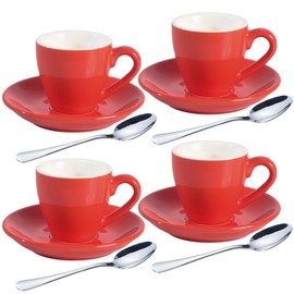 homEdge Porcelain Espresso Cup Set with Saucers and Spoons - 80 ml / 2.67 oz, Set of 4, Red