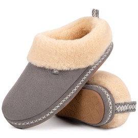 FamilyFairy Women's Cozy Micro Suede Slippers Memory Foam Warm Slippers with Fuzzy Faux Fur Collar Winter Indoor House Shose Grey 7-8
