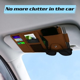 Car Sun Visor Organizer, Leather Pocket Organizer Sunglass Holder for Car Interior Accessories with Multi-Pocket Net Zipper (Brown)