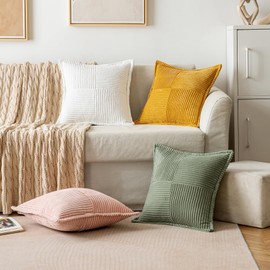 MIULEE Light Olive Green Corduroy Pillow Covers 18x18 Inch with Splicing Set of 2 Soft Boho Striped Pillow Covers Broadside Decorative Textured Summer Pillowcases for Couch Cushion Bed Livingroom