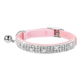 Rhinestones Cat Collar with Bell, Soft Velvet Adjustable Collar Bling Diamante Small Dogs and Cats, Sparkling Diamante Design, Safe Breakaway Feature for Parties, Gifts (Pink)