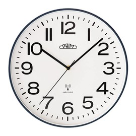 PRIM Design Radio Classic Trendy Wall Clock, White/Blue, Radio-Controlled, Plastic, Diameter 300 mm, Radio-Controlled Wall Clock, Modern, Wall Decoration, Perfect as a Kitchen Clock, Wall Decoration,