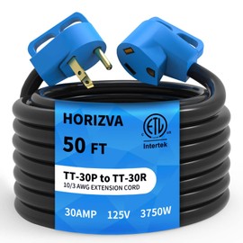 50FT 30 Amp RV Extension Cord, Outdoor Extension Cord with Grip Handle, Heavy Duty 10/3 Gauge STW RV Power Cord with Cord Organizer, 3 Prong TT-30P to TT-30R Connecter, ETL Listed