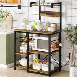 Recaceik Bakers Rack Kitchen Storage Rack with Power Outlet Microwave Stand Coffee Bar Station with 5 S-Hooks Freestanding Kitchen Shelves for Spices, Pots and Pans, Rustic Brown