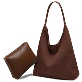 Suede Hobo Bag for Women 2 Pcs Purse Slouchy Faux Suede Tote Bag Leather Handbag (Coffee)