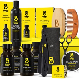 The Beard Club Premium Beard Kit for Men - Grooming & Care Kit - Cedar & Sandalwood Oil, Sandalwood Balm, Shampoo, Brush, Comb, Trimming Scissors, Straight Edge Razor - Gift Set