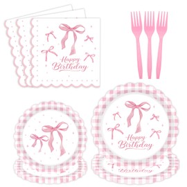 HiEnjoin 72PCS Pink Bow Party Plates and Napkins, Disposable Bow Birthday Plates with Forks Party Supplies for Girl Bachelorette Bridal Engagement Birthday