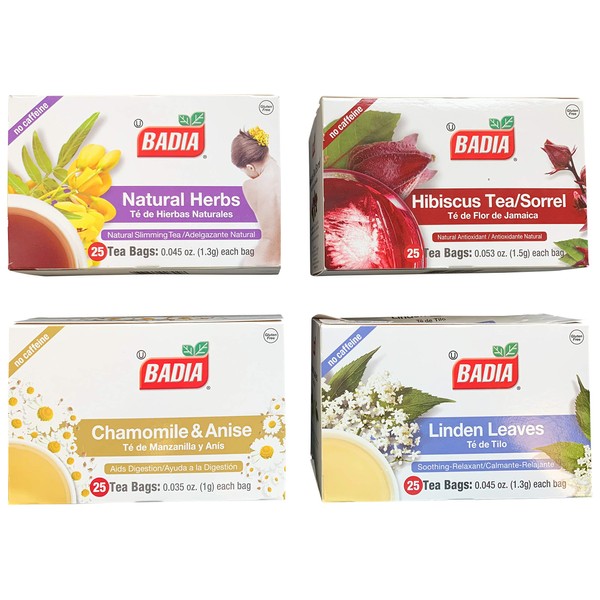 K-Musculo Badia Tea Bundle of 4: Natural Herbs, Chamomile & Anise, Linden Leaves and Hibiscus