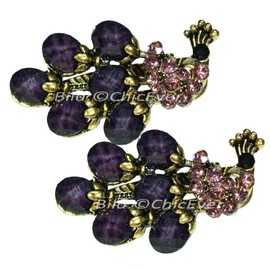 2x Small Vintage Look Metal Rhinestone Peacock Hair Clips & Ponios Acrylic Purple Gold 5646