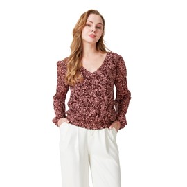 TUREAU Women Long-Sleeve Chiffon Blouse,V-Neck Business Causual Outfits Floral Print Shirts Tops(M,Floral)