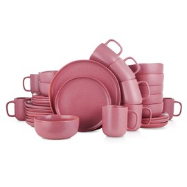Stone Lain Tom Stoneware 32-Piece Reactive Glaze Dinnerware Set, Plates and Bowls Set, Microwave and Dishwasher Safe Dish Set for 8, Tom Pink and White