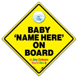 Customised Baby on Board Sign, Perosnalised Baby On Board Car Sign, Add Your Own Name, Yellow & Black, 14cm x 14cm
