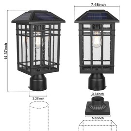 Solar Post Lights, Outdoor Post Lights Solar Powered, Waterproof Anti-Rust Black Post Lights with Seeded Glass, LED Solar Powered Lamp for Front Door, Porch, Garage, and Patio （Bulb Included）SR018-P