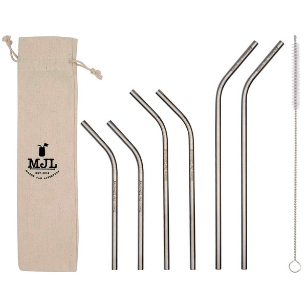 Combo Pack Thin Bent Stainless Steel Straws for Mason Jars (6 Pack + Cleaning Brush + Cloth Bag)
