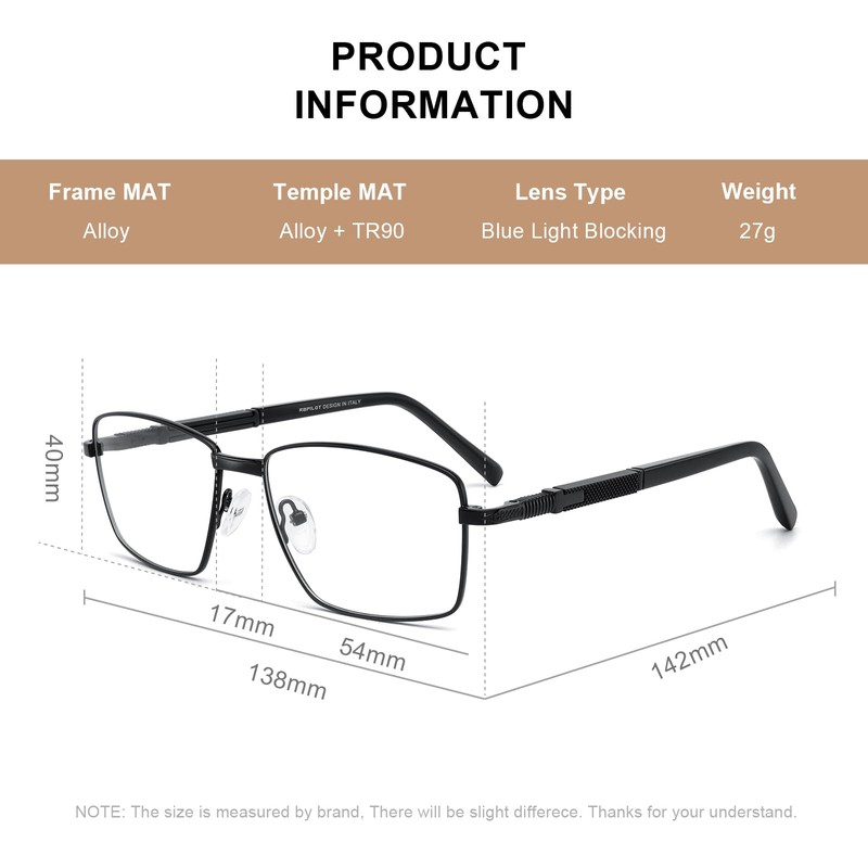 RB.Pilot Rectangle Reading Glasses for Men Blue Light Blocking Computer