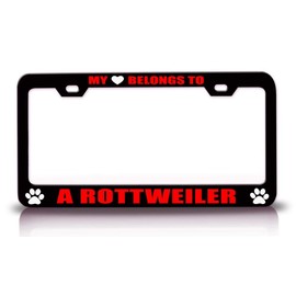 Customola - My Heart Belongs to A Rottweiler Pet Cats Dogs Metal License Plate Frame Bl