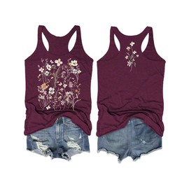 Woffccrd Womens Vintage Flowers Tank Tops Casual Boho Wildflowers Graphic Tees Cottagecore Summer Gym Vest Tops (M,Wine Red)