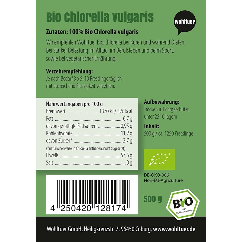 Wohltuer Certified Organic Chlorella 500 g, Vegetable Quality (de/006)